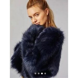 Free People Navy Faux Fur Jacket in Midnight Blue, XS